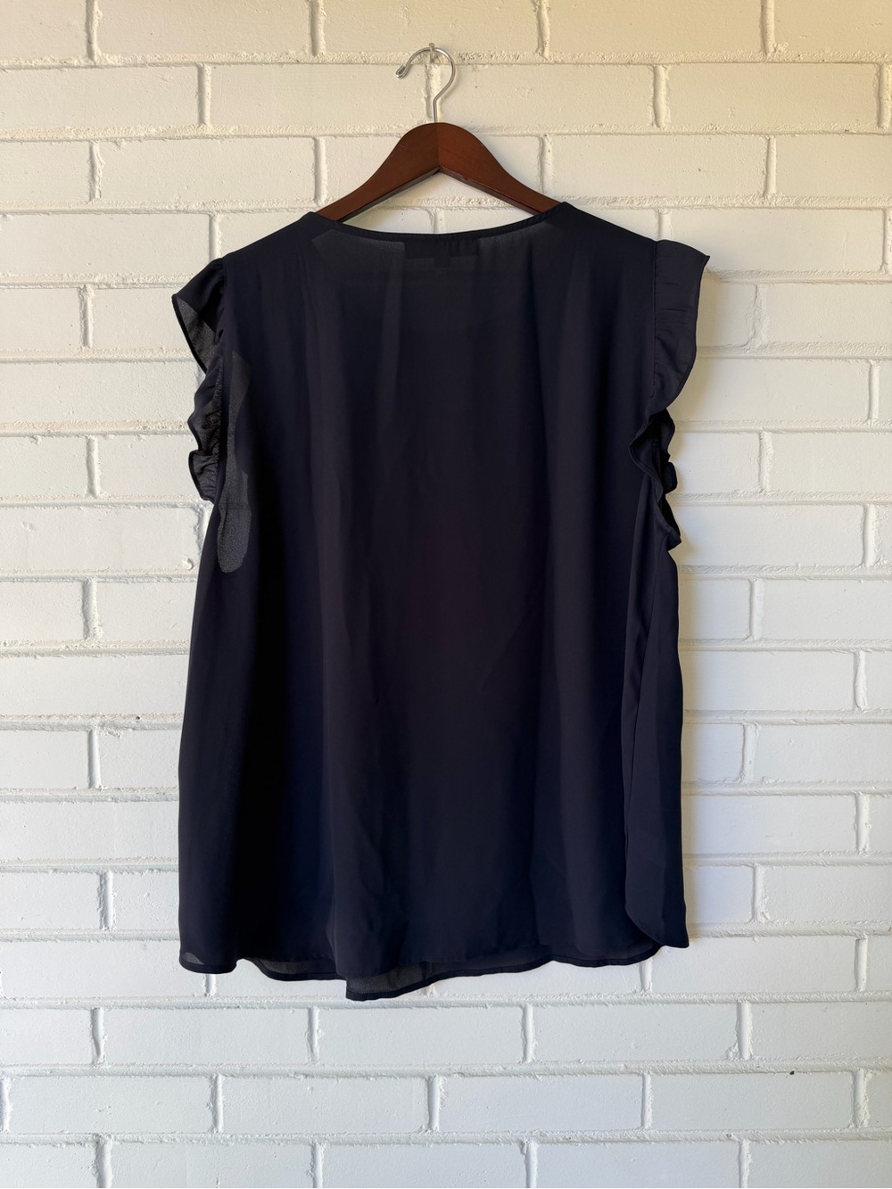 LOFT Navy Ruffle Sleeve Top with Gold Buttons - Picture 4 of 5